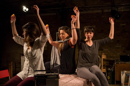 Khalil’s play Scenes from 68* Years at Arcola Theatre, London, 2016. Pictured (l to r): Janine Haroun, Taghrid Choucair-Vizoso, and Pinar Ogun. Photo by Ellie Kurttz.