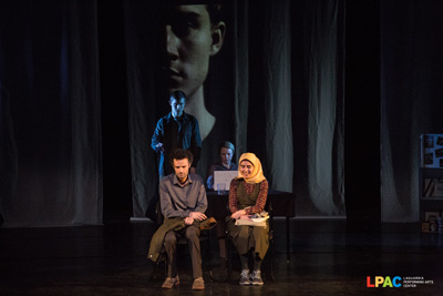 The full-length version of Manar was produced by LaGuardia Performing Arts Center’s Rough Draft Festival, March 2017. Pictured: Thom Neimann, Michelle Bellaver, Layla Wolfgang, Freddie Stevenson. Photo by Juan Zapata.